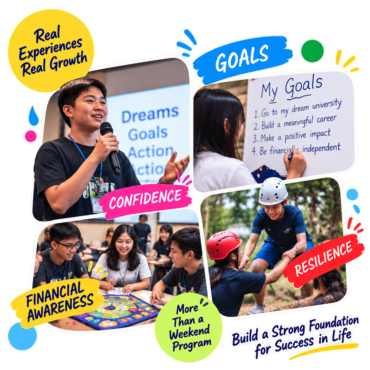 Peserta Dream Achievers dalam kegiatan: presentasi, menyusun tujuan, board game finansial, dan teamwork outdoor